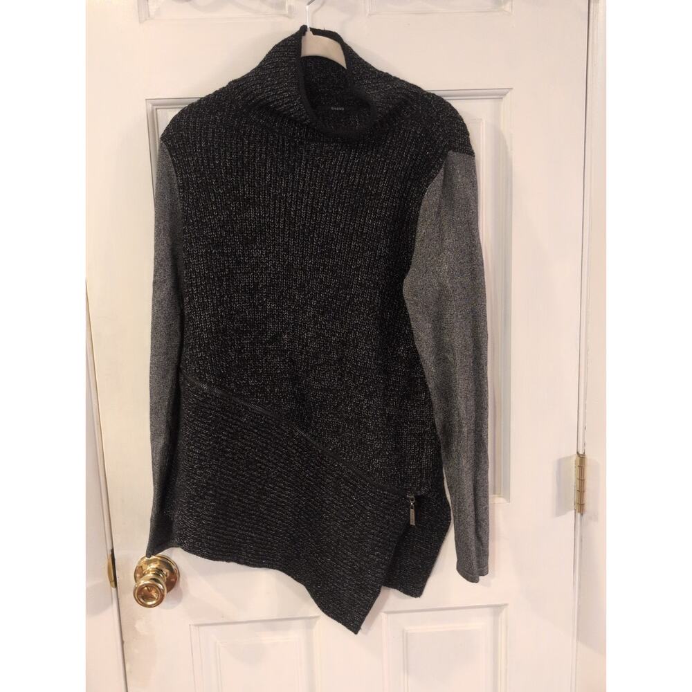 Tahari Asymmetrical Mockneck Sweater Black and Silver Size Small